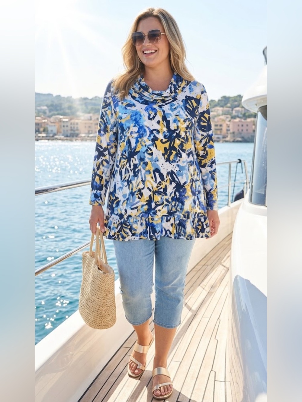 4X LOGO® by Lori Goldstein NEW Women's Blue Multi Art Floral Tunic Rayon Spandex